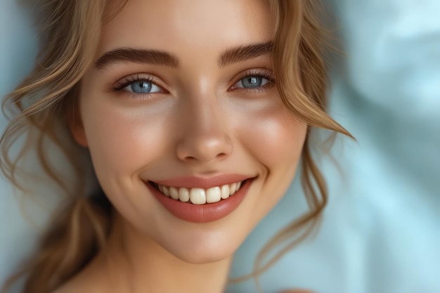 Woman with blonde hair and blue eyes smiles for photo