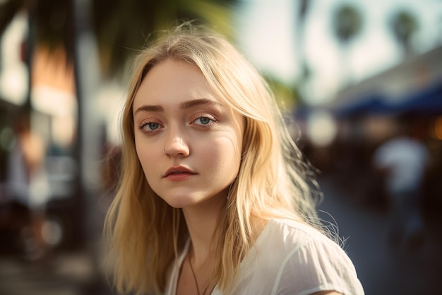 A woman with blonde hair and blue eyes stands on a street.