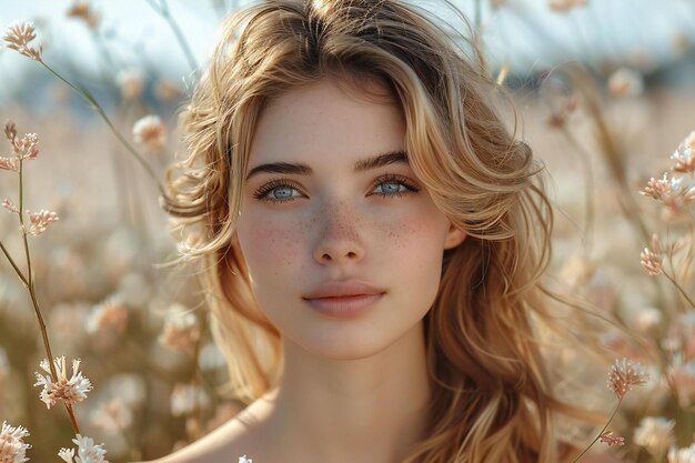 Photo a woman with blonde hair and a blue eyes and a white background with a sky behind her