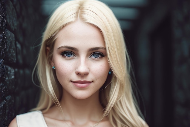 A woman with blonde hair and blue eyes