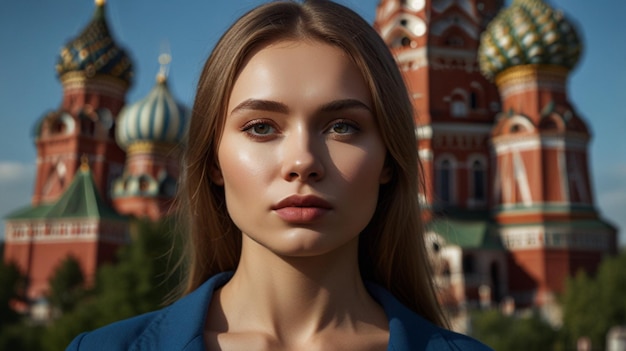 Photo a woman with blonde hair and a blue jacket stands in front of a church with a clock