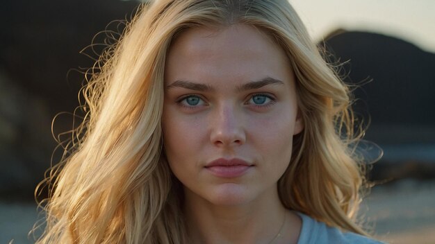 a woman with blonde hair and a blue shirt