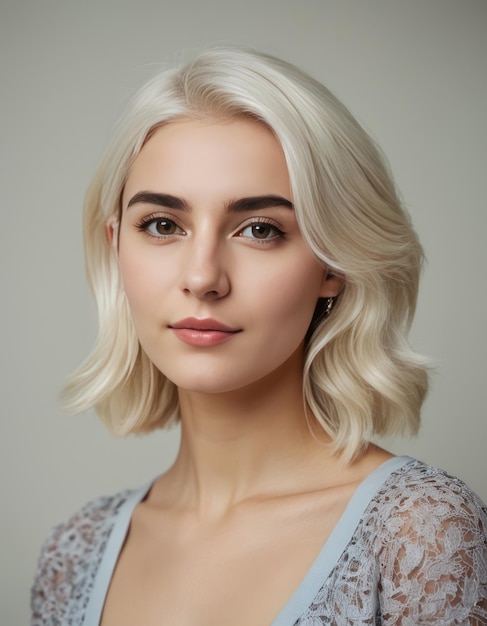 Photo a woman with blonde hair and a blue top has a black and white pattern on the front