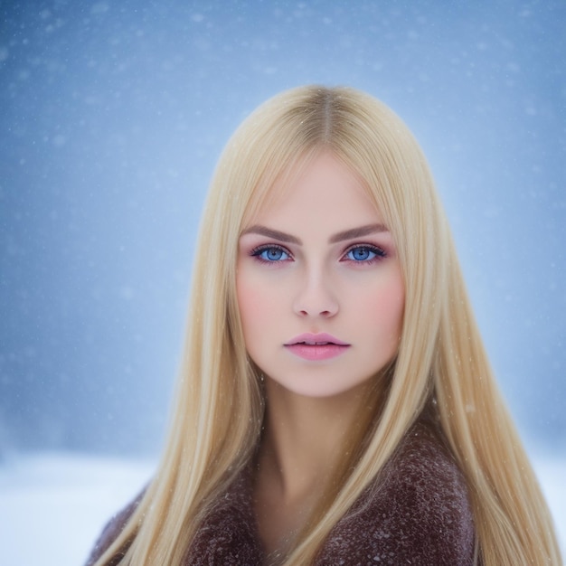 A woman with blonde hair and a brown coat is standing in the snow.