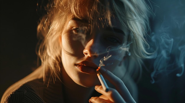 a woman with blonde hair and a cigarette in her mouth