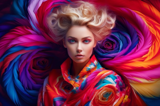 Woman with blonde hair and colorful dress with roses on her head Generative AI