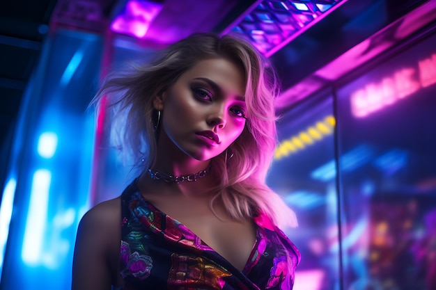 a woman with blonde hair and a colorful dressnightlife beauty photography concept