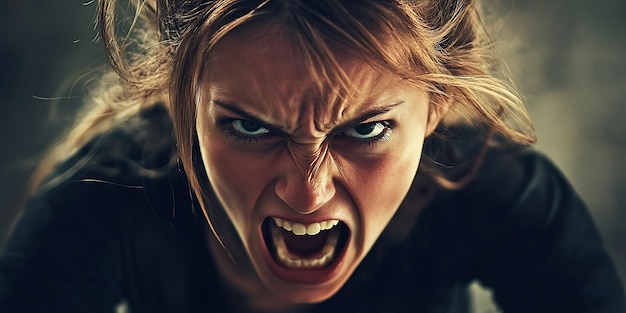 Photo a woman with blonde hair and a dark shirt is looking at the camera with an angry expression and her mouth open