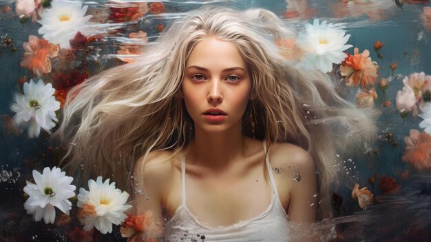 A woman with blonde hair floating in a pool of water.