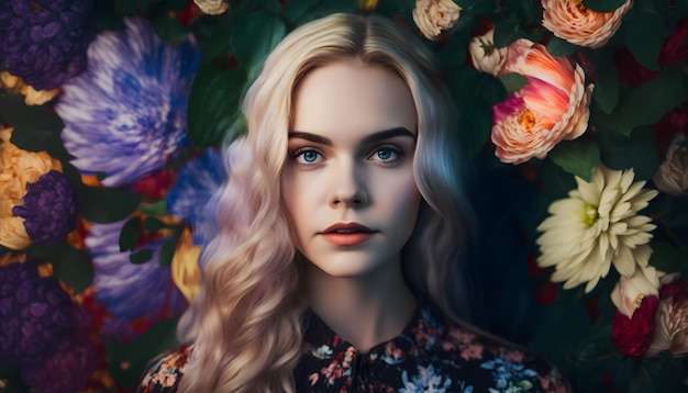 A woman with blonde hair and a floral background