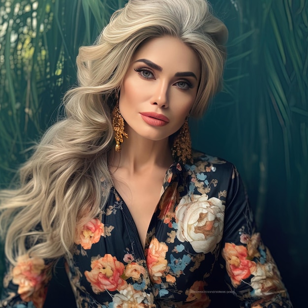 a woman with blonde hair and a floral shirt is posing for a photo.