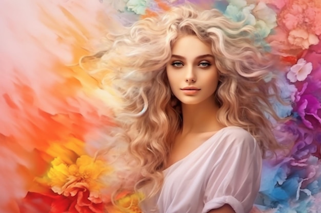 A woman with blonde hair and a flower background