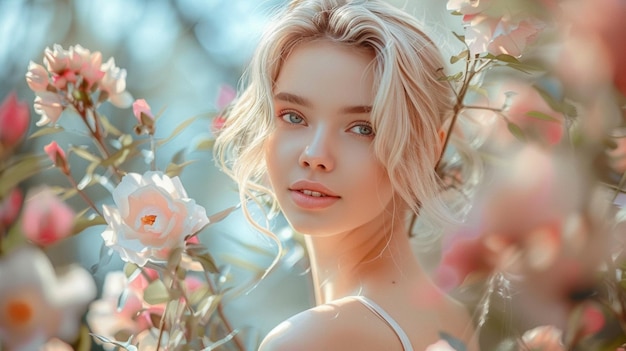 a woman with blonde hair and a flower in her hair