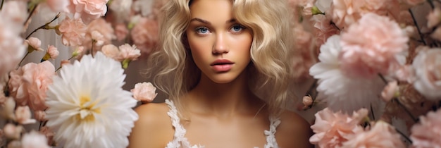 a woman with blonde hair and a flower in her hair