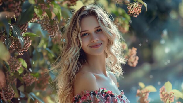 a woman with blonde hair and flowers on her face is posing for a photo