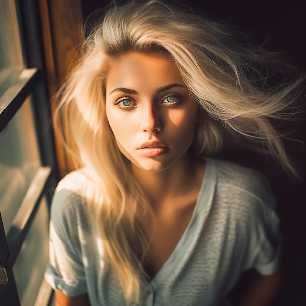 Photo a woman with blonde hair and a gray shirt is sitting by a window