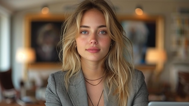 a woman with blonde hair and a gray suit is posing for a photo