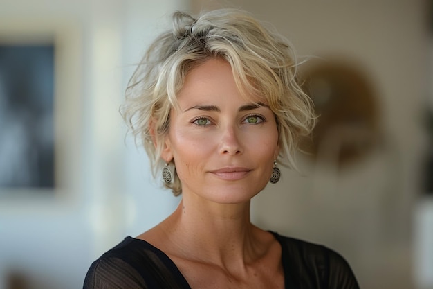 a woman with blonde hair and green eyes looks into the camera