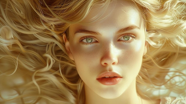 a woman with blonde hair and a green eyes