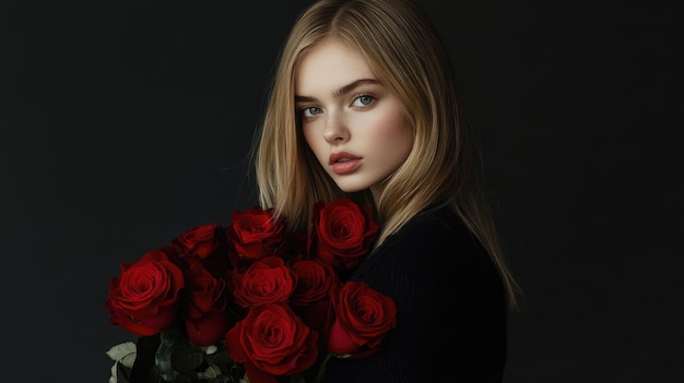 Photo woman with blonde hair holding a bouquet of red roses