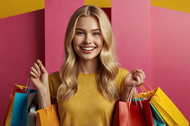 a woman with blonde hair holding a shopping bag and smiling