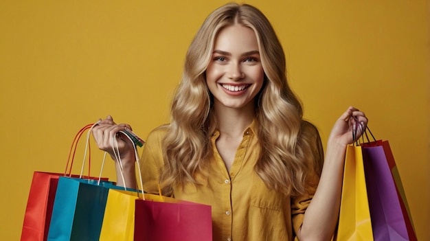 a woman with blonde hair holding a shopping bag and smiling