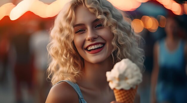 A woman with blonde hair holds a ice cream cone in her hand.