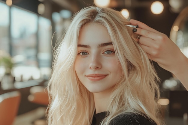 a woman with blonde hair is combing her hair