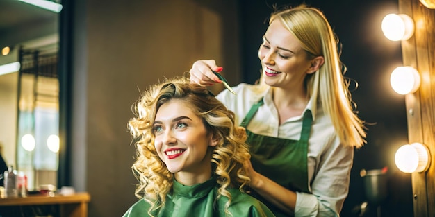 A woman with blonde hair is getting her hair cut by another woman