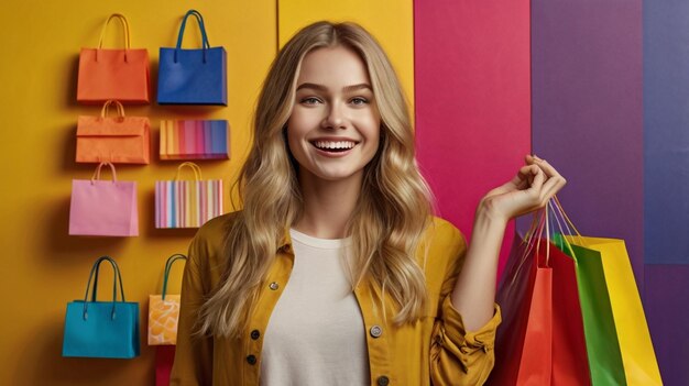 a woman with blonde hair is holding a blue handbag