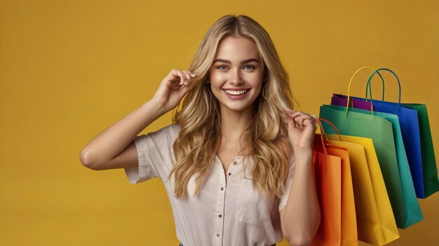 a woman with blonde hair is holding a shopping bag with a smile on her face