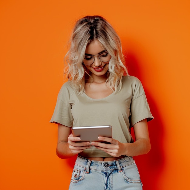 a woman with blonde hair is holding a tablet with an orange background