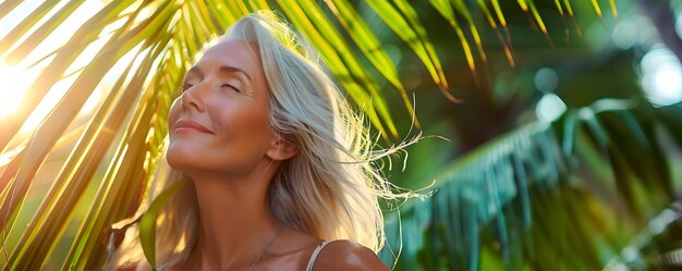 Photo a woman with blonde hair is looking out to the sun