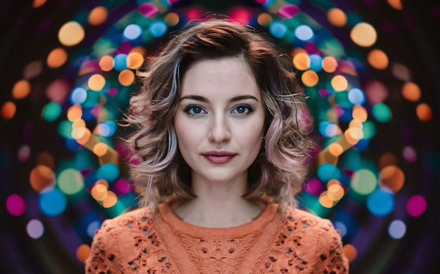 a woman with blonde hair is posing in front of a colorful beaded circle