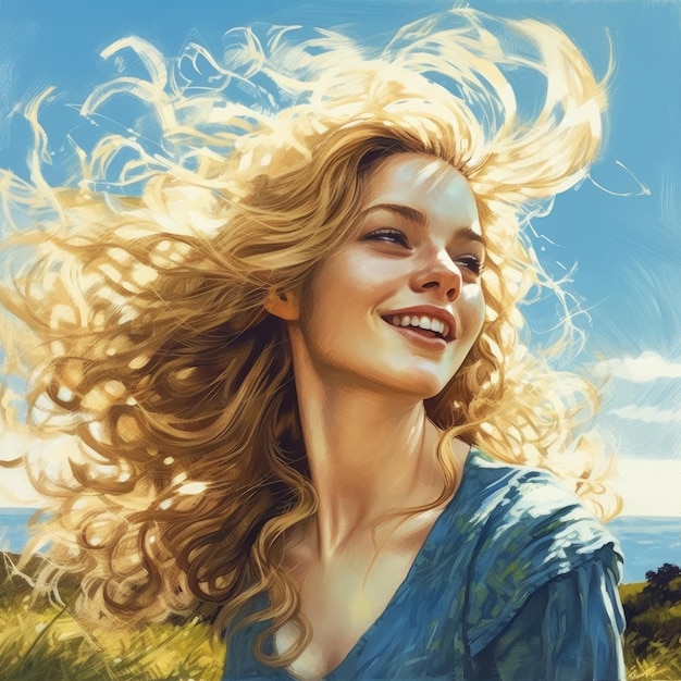 A woman with blonde hair is smiling in a field.