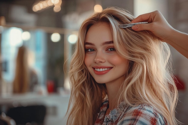 a woman with blonde hair is smiling and wearing a plaid shirt