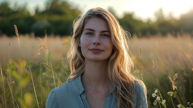 a woman with blonde hair is standing in a field with tall grass