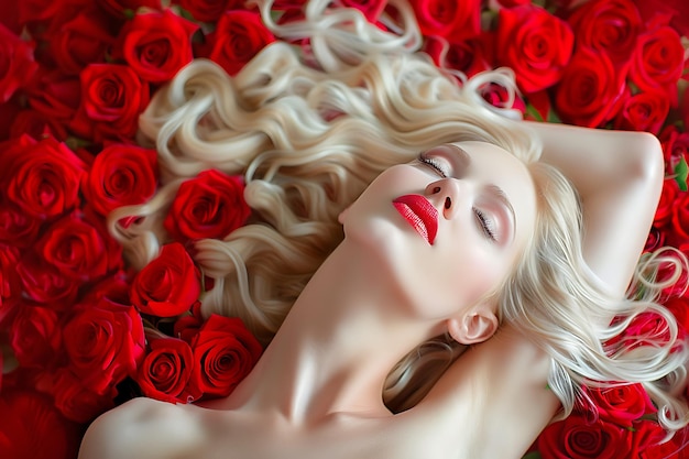 Photo a woman with blonde hair laying on a bed with roses