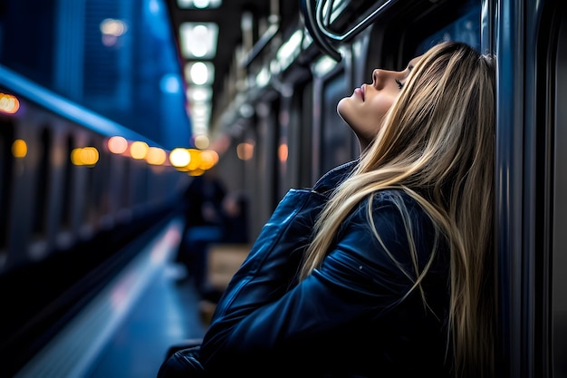 Photo woman with blonde hair leaning against a train window