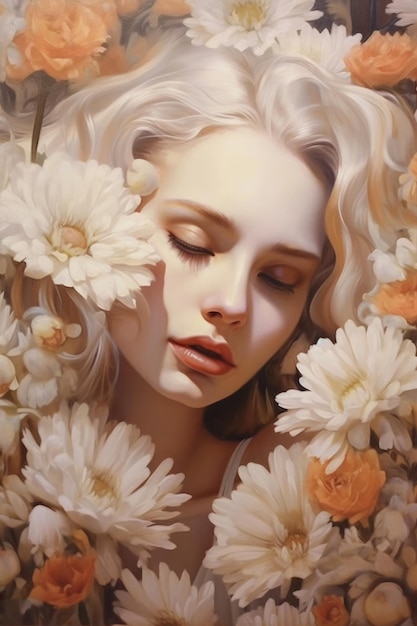 A woman with blonde hair lies in a bed of flowers.