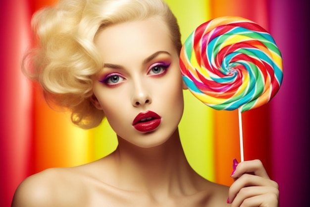 A woman with blonde hair and a lollipop in her hand.