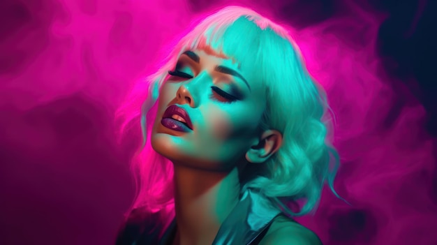 A woman with blonde hair and a neon pink smoke cloud in the background