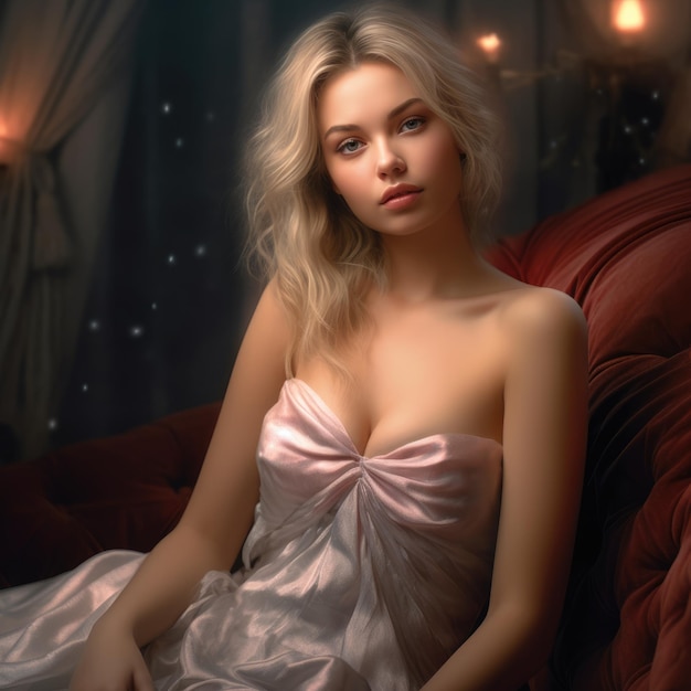 A woman with blonde hair and a pink dress sits on a red couch