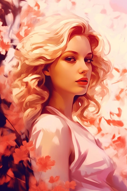 A woman with blonde hair and a pink flower background