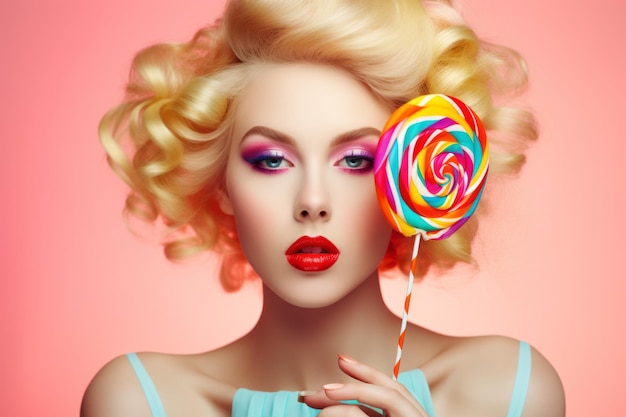 A woman with blonde hair and a pink lip is holding a lollipop.