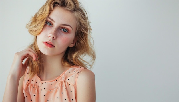 a woman with blonde hair and a pink shirt