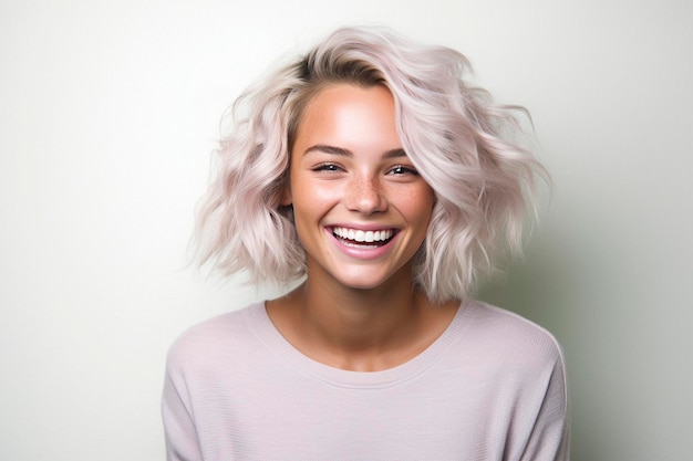 A woman with blonde hair and a pink sweater