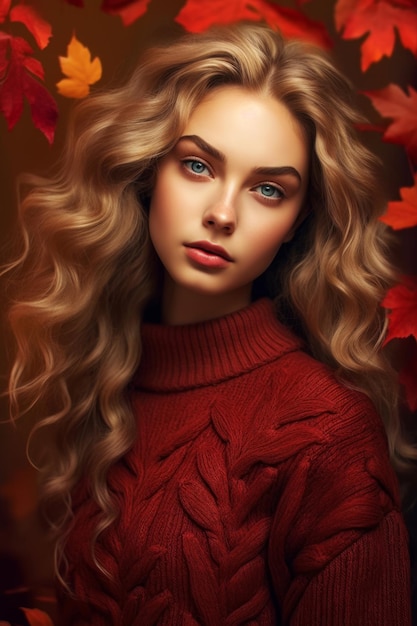 A woman with blonde hair and red autumn leaves