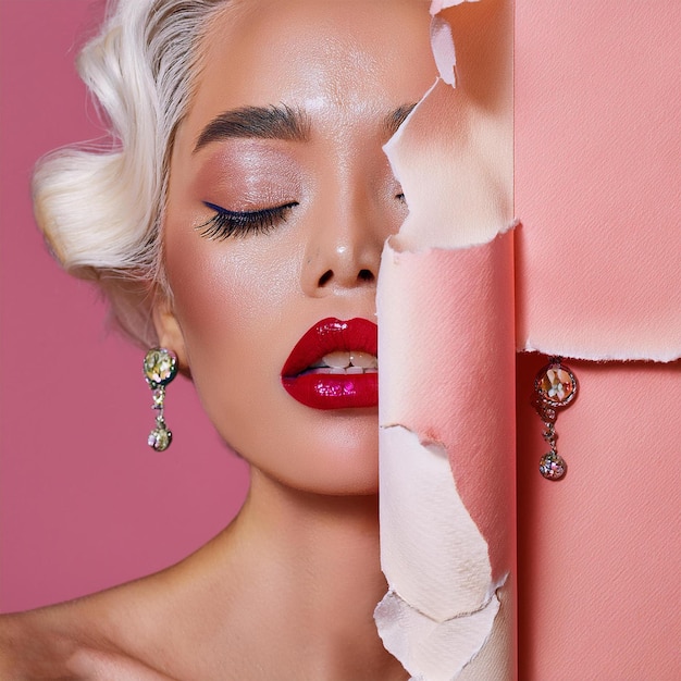 a woman with blonde hair and red lips is behind a pink wall