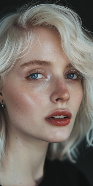 a woman with blonde hair and red lips is posing for a photo